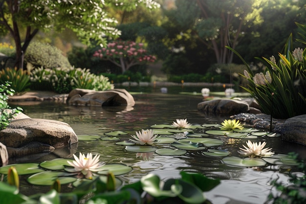 Un jardín tranquilo con un estanque y lirios de agua oct