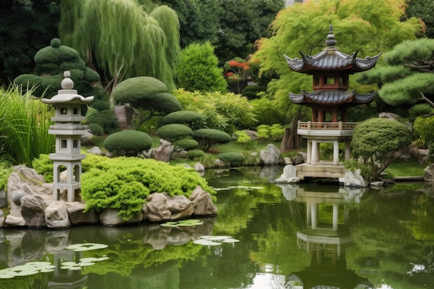 Jardín tranquilo con un estanque sereno y una pagoda china en el fondo creado con IA generativa