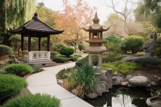 Jardín tranquilo con farolillos de pagoda y estanque koi creado con IA generativa