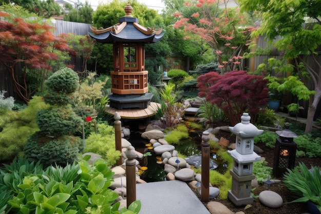 Foto jardín tranquilo con farolillos de pagoda japonesa y estanque koi creado con ia generativa