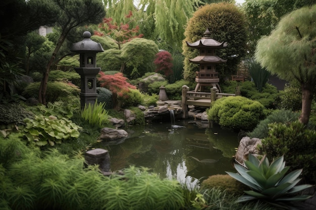 Jardín tranquilo con farolillos de pagoda japonesa y estanque koi creado con IA generativa