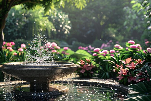 Un jardín tranquilo con una fuente burbujeante octano