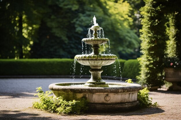 Un jardín tranquilo con una fuente