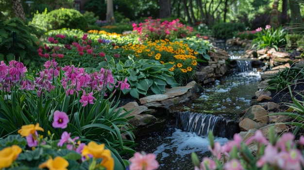 Un jardín tranquilo lleno de flores de colores y un arroyo que gotea ofreciendo un entorno tranquilo