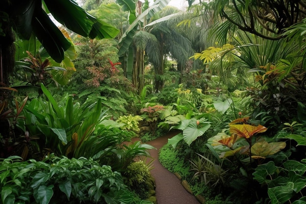 Un jardín tropical con un camino a través de la jungla.