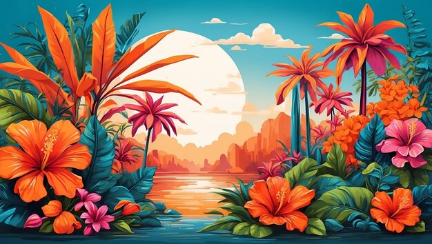 Foto jardín tropical dibujo de ilustración colorido fondo postal obra de arte digital volante tarjeta de regalo