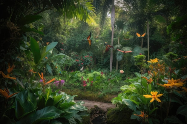 Jardín tropical exuberante con majestuosas flores de arroyos de árboles y aves generativas IA