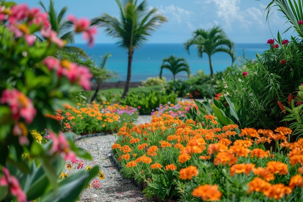 Jardín tropical con flores y palmeras cerca de la orilla del mar