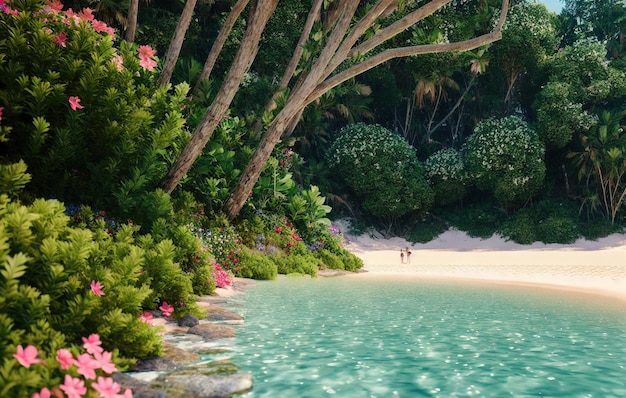 jardín tropical de playa con agua y flores