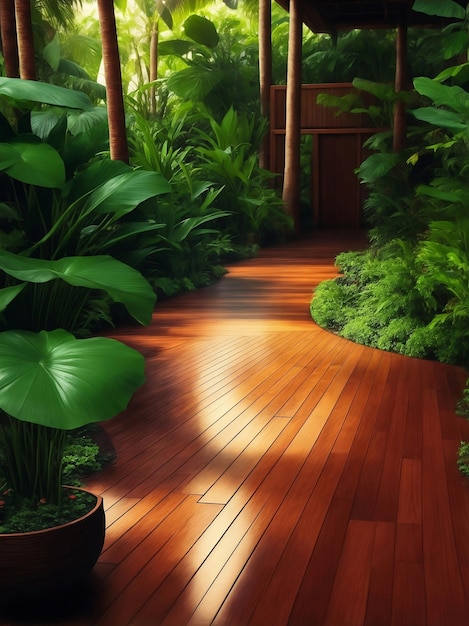 Jardín tropical con suelo de madera Ilustración de IA generativa