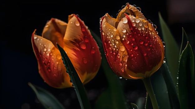 Jardín de tulipanes lluviosos en macro