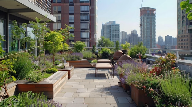 Jardín urbano en la azotea con vista a la ciudad