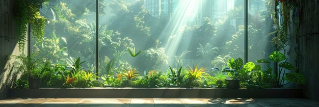 Un jardín urbano futurista en la azotea con rascacielos verdes y ecotecnología