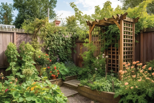 Un jardín con una valla alta de madera y un enrejado para enredaderas.