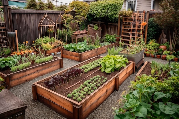 Un jardín con una valla de madera y una cama de jardín con una escalera al fondo.