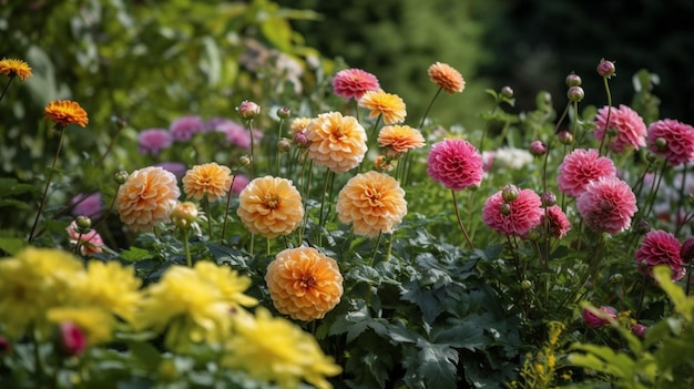 Un jardín con una variedad de flores.