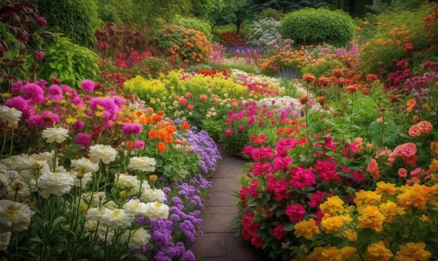 Un jardín con una variedad de flores.