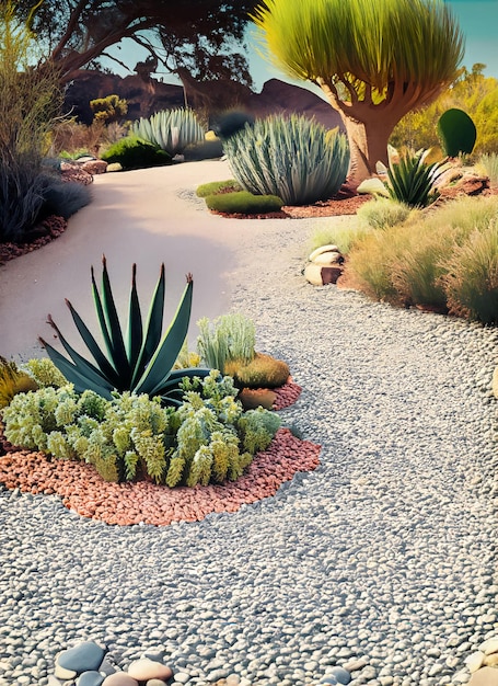 Un jardín con una variedad de plantas y rocas.