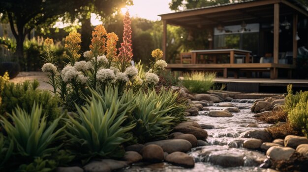 Un jardín con una variedad de plantas