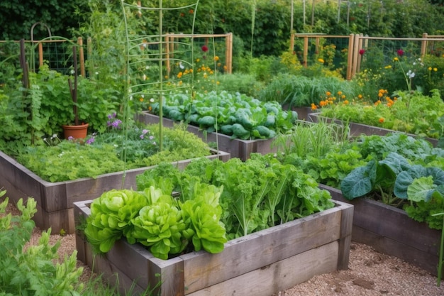 Un jardín con una variedad de verduras y hierbas para cocinar fresco creado con ai generativo