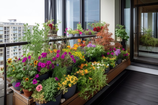 Jardín de ventana rebosante de coloridas flores en un balcón contemporáneo creado con ai generativo