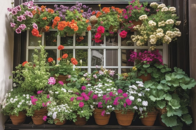 Jardín de ventana rebosante de flores y vegetación creado con inteligencia artificial generativa