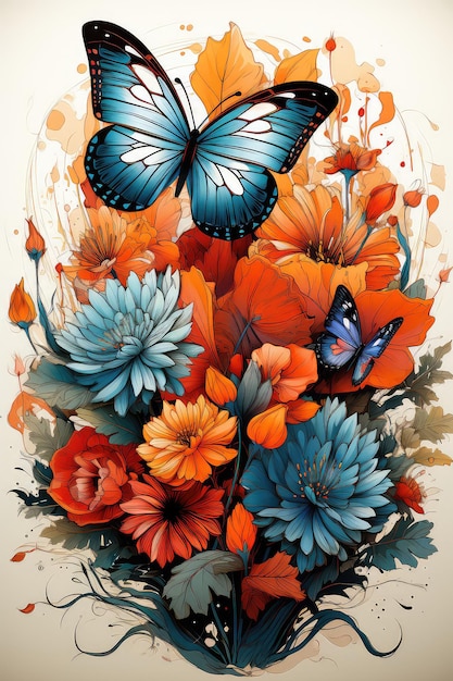 Jardín de verano lleno de flores coloridas y mariposas voladoras vector de ilustración