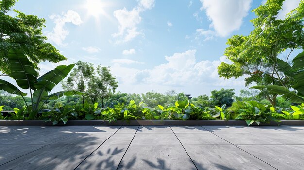 Foto jardín verde en la azotea decca de madera plantas exuberantes escena pacífica