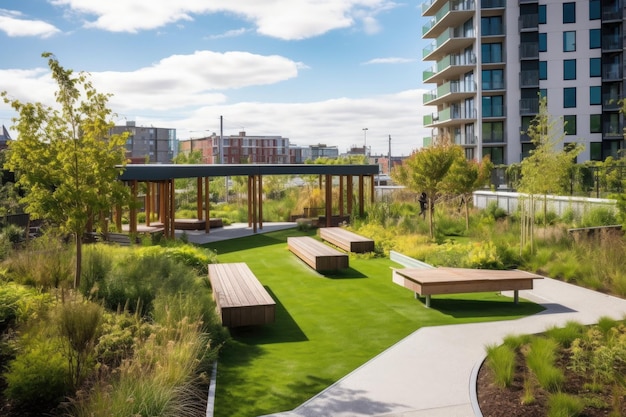 Jardín verde en la azotea con senderos y bancos que brindan un entorno tranquilo creado con IA generativa