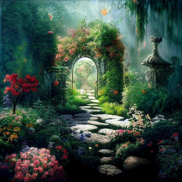 Jardín verde con flores.