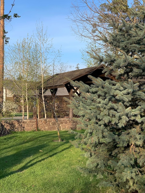 Foto jardín verde y gazebo de madera