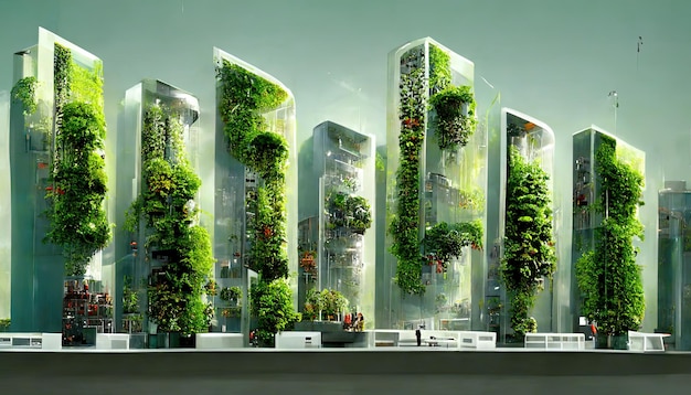 Jardín vertical en edificios altos futuristas ciudad del mañana movimiento ambiental energía verde y energía sosteniblex9xA