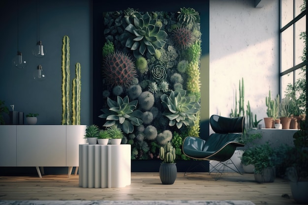 Jardín vertical formado por suculentas y cactus en un interior moderno creado con ai generativo