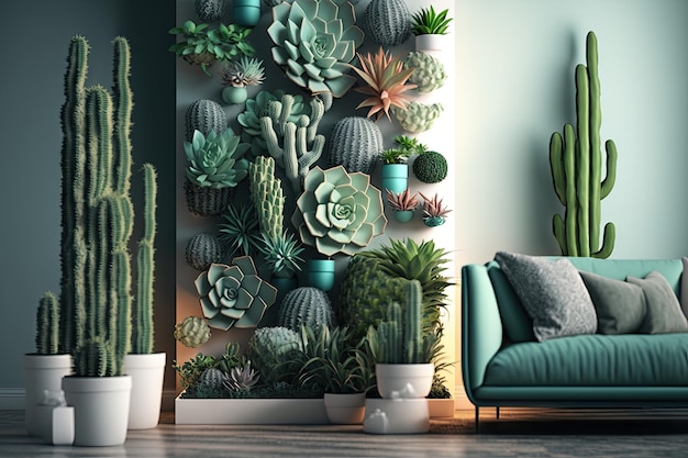 Foto jardín vertical formado por suculentas y cactus en un interior moderno creado con ai generativo