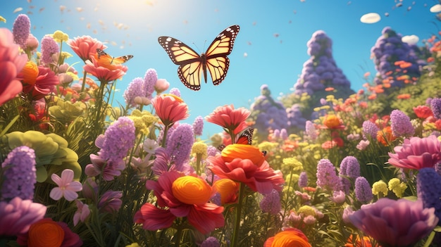 Un jardín vibrante lleno de coloridas mariposas y abejas zumbantes