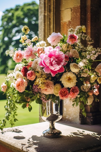 Jardín de la vida campestre y decoración floral ramo de flores de peonía en el campo estilo casa de campo ai generativo posprocesado