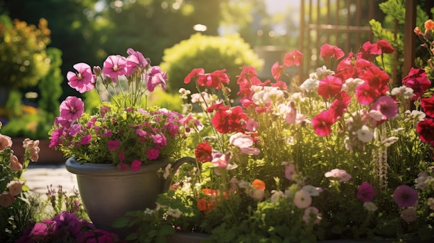 Jardín vívido con flores vibrantes plantas florecientes y un amplio espacio para su mensaje