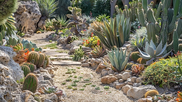 Jardín de Xeriscape con una variedad de cactus