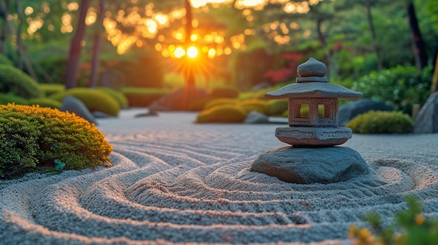 Foto jardín zen al amanecer sereno y pacífico con arena meticulosamente rastrillada que lo rodea una clásica linterna de piedra toma el escenario.