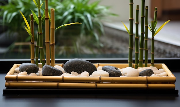 Jardín zen con bambú y piedras lisas para relajarse