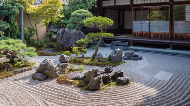 Jardín zen japonés con grava cuidadosamente rastrillada presencia calmante de árboles de bonsai AI Generativo