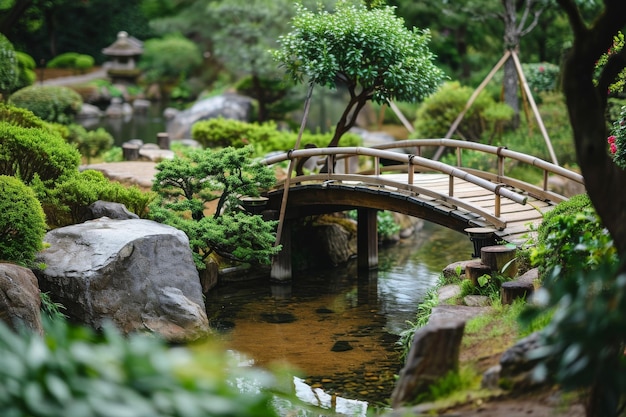 Un jardín zen japonés con un pequeño estanque y un puente generado por la IA