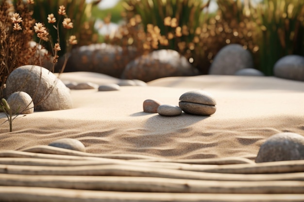 Jardín zen japonés Piedras en hileras en arena y rocas para relajación y concentración Ilustración generativa de IA