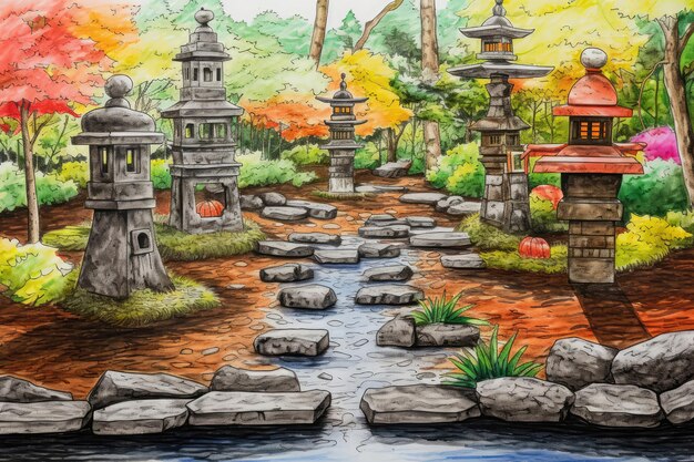 Foto jardín zen con linternas de piedra pintadas con lápices de colores