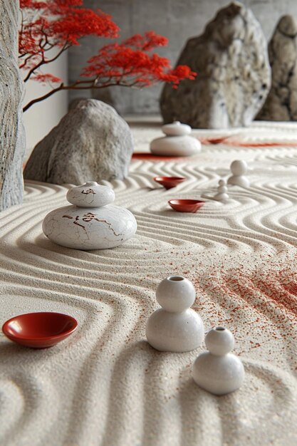 Foto un jardín zen minimalista en 3d con patrones de arena roja y blanca