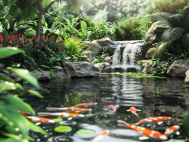 Jardín zen pacífico estanque de koi follaje exuberante vectores 3D