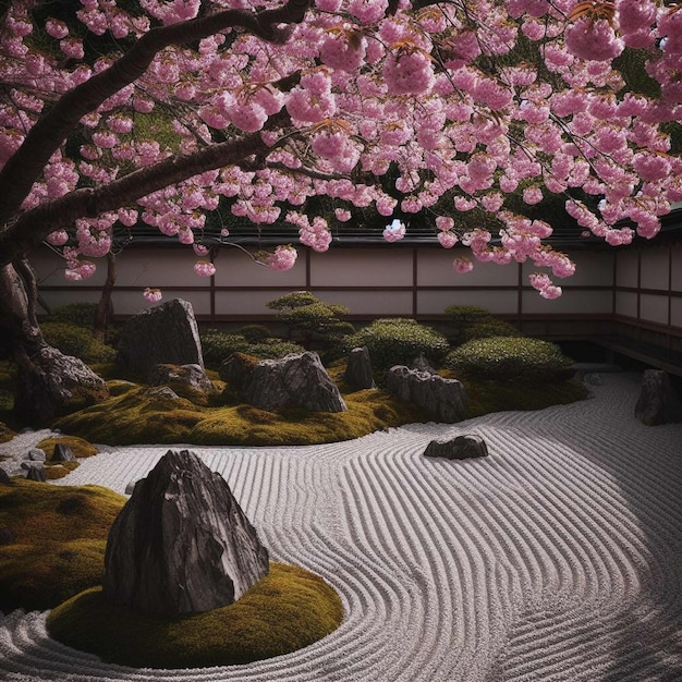 Un jardín zen pacífico con un paisaje hermoso, flores de cerezo con imágenes de fondo.