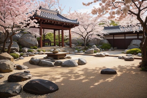Un jardín zen pacífico con un paisaje hermoso, flores de cerezo con imágenes de fondo.