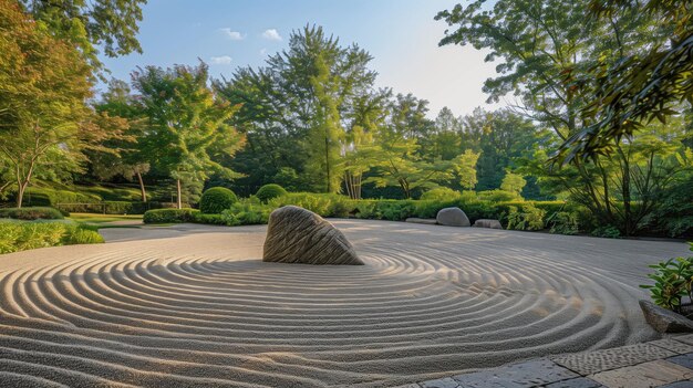 Un jardín zen pacífico con patrones de arena cuidadosamente rastrillados