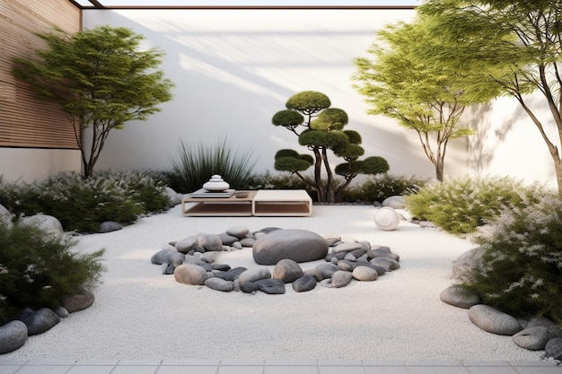 Jardín zen con paisajismo minimalista, asientos tranquilos y elementos  naturales.
